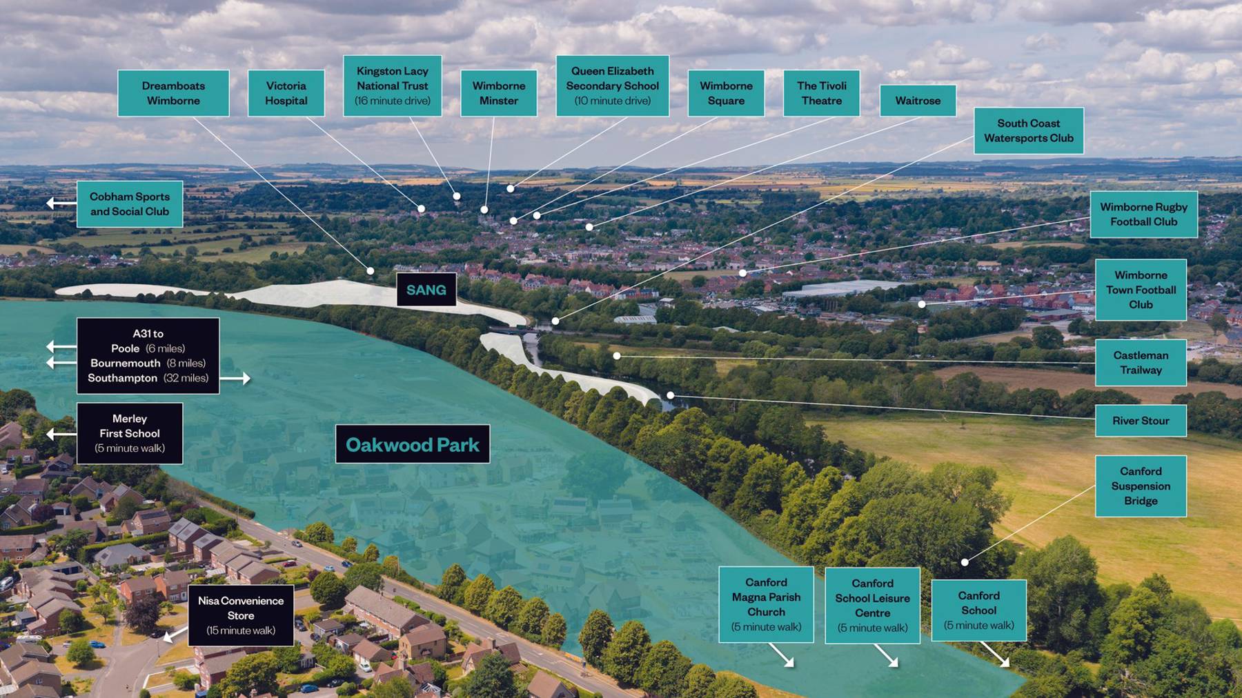 Points of interest map for Oakwood Park. houses for sale in Wimborne