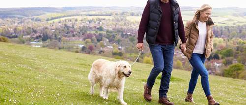 semi-rural scene of couple walking dog. homes for sale south lanarkshire, houses to buy east kilbride, new build homes